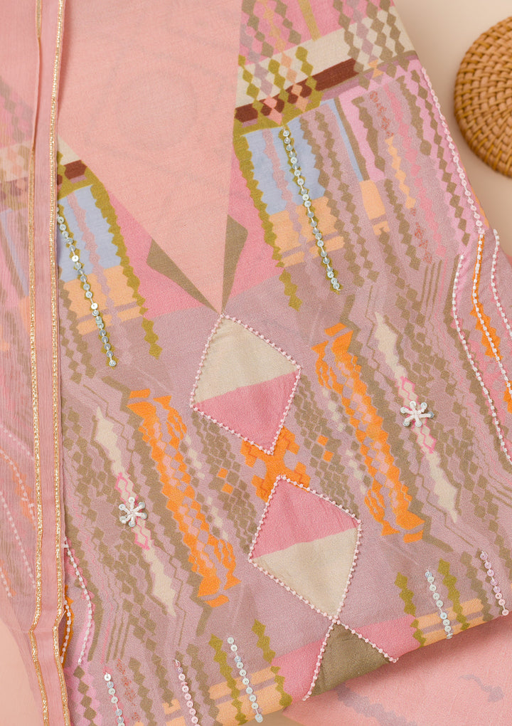 Peach Printed Semi Crepe Unstitched Salwar Suit