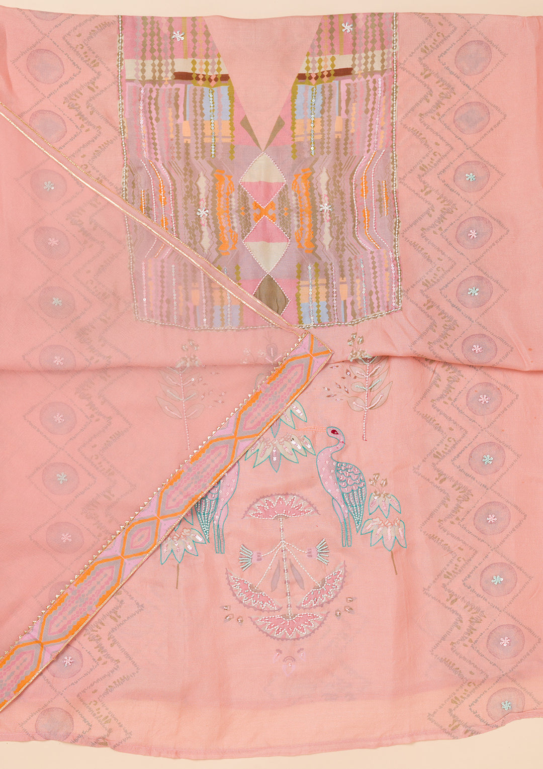 Peach Printed Semi Crepe Unstitched Salwar Suit