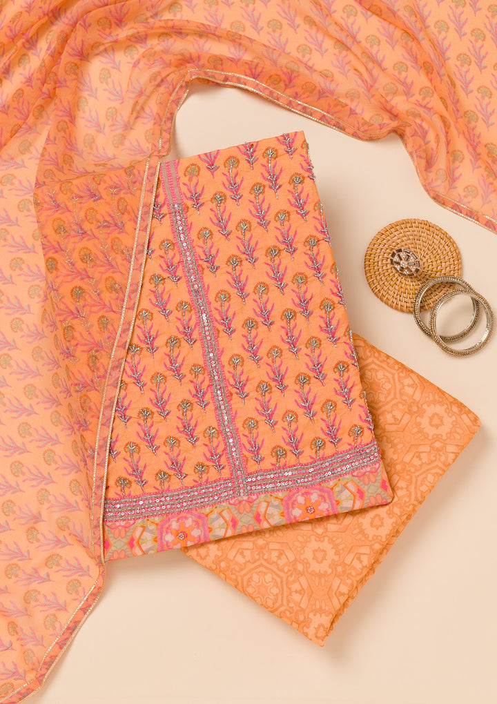 Peach Printed Semi Crepe Unstitched Salwar Suit