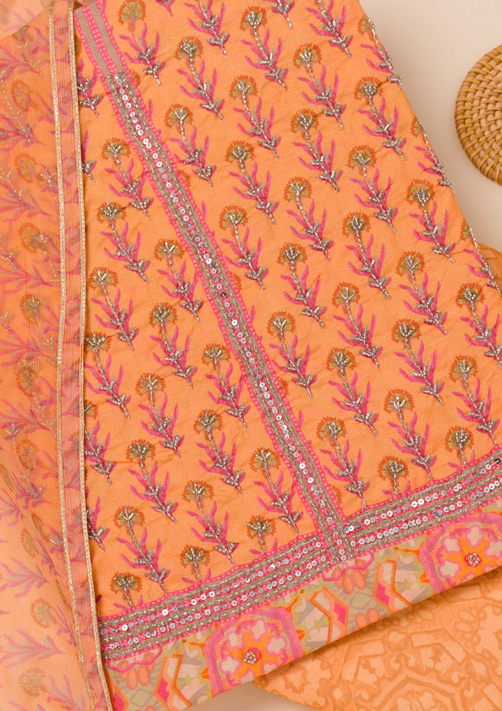 Peach Printed Semi Crepe Unstitched Salwar Suit