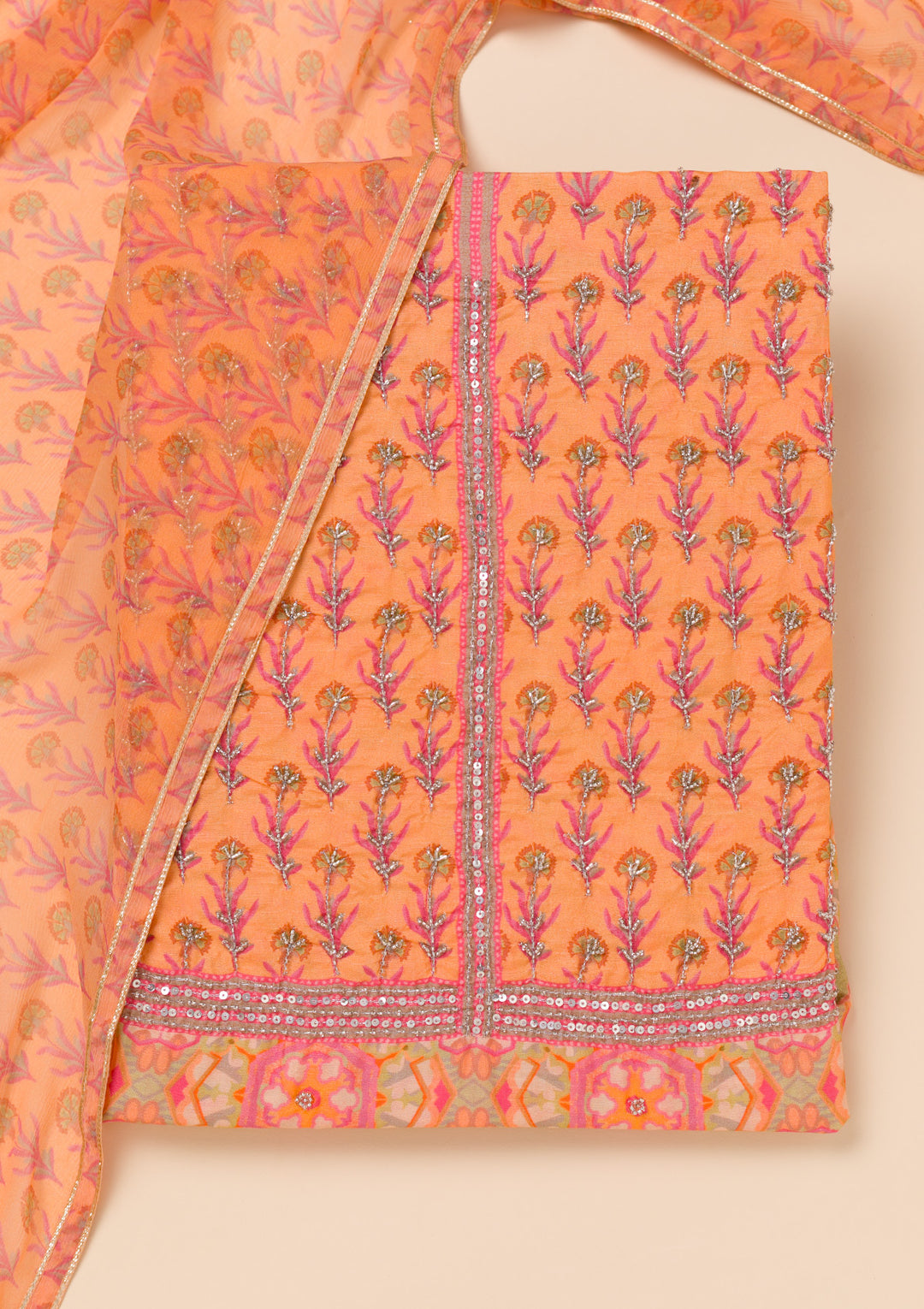Peach Printed Semi Crepe Unstitched Salwar Suit