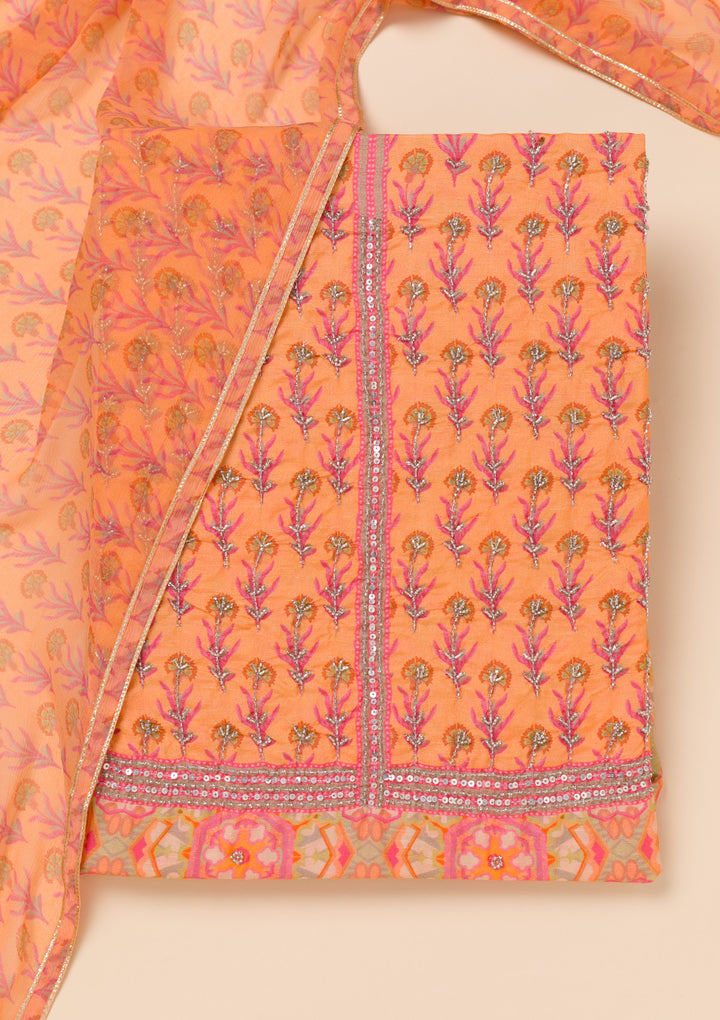 Peach Printed Semi Crepe Unstitched Salwar Suit