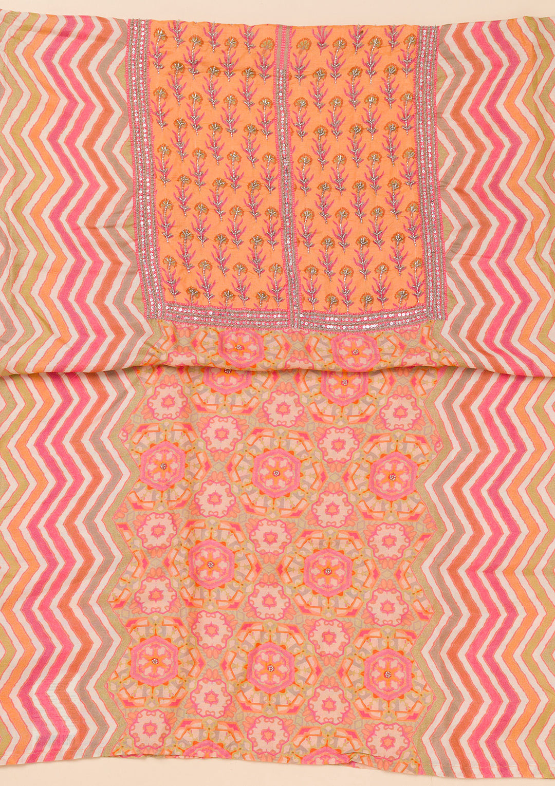 Peach Printed Semi Crepe Unstitched Salwar Suit