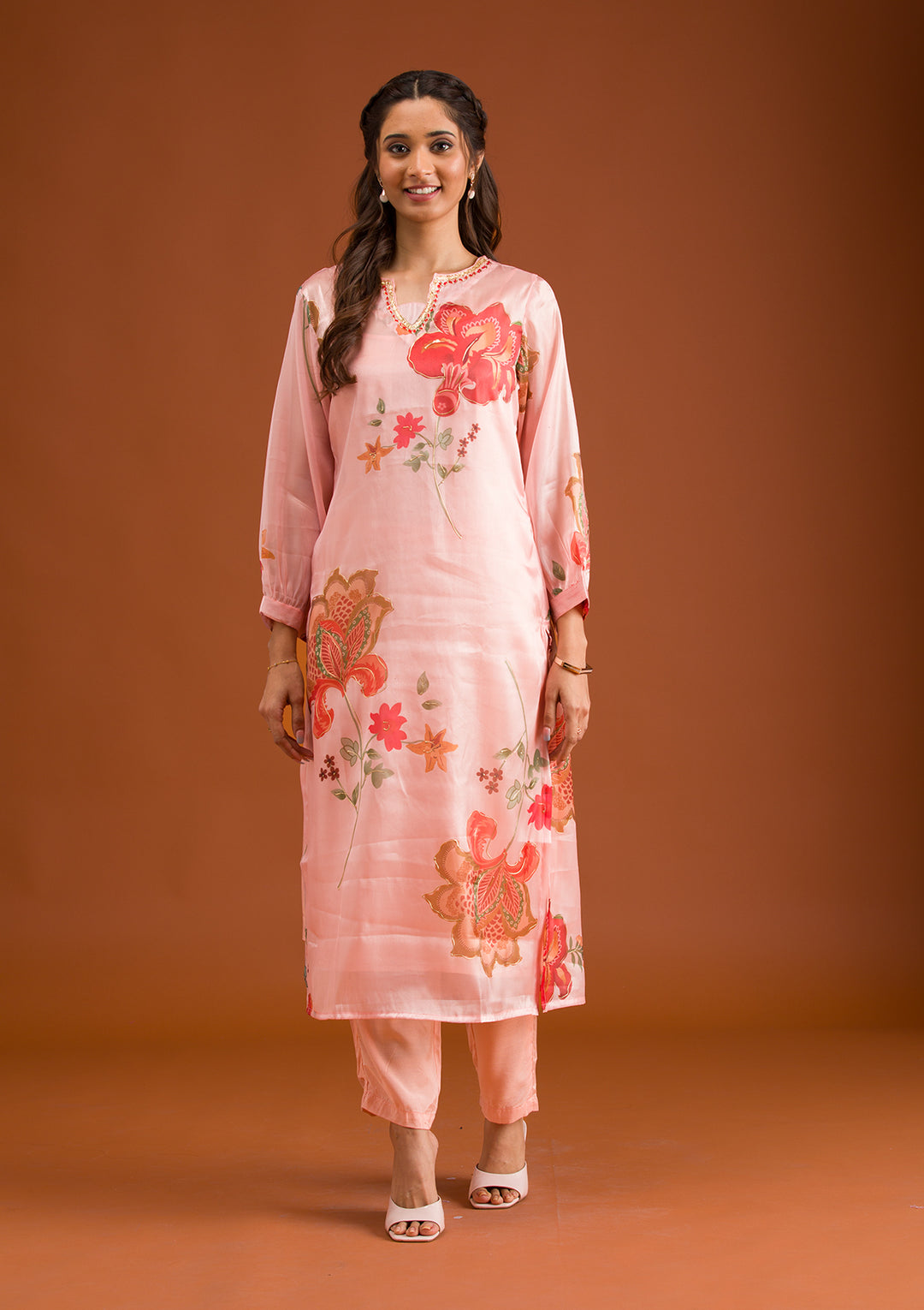 Peach Printed Tissue Readymade Salwar Suit