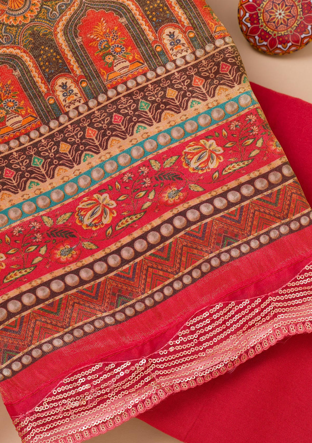 Red Printed Tissue Unstitched Salwar Suit