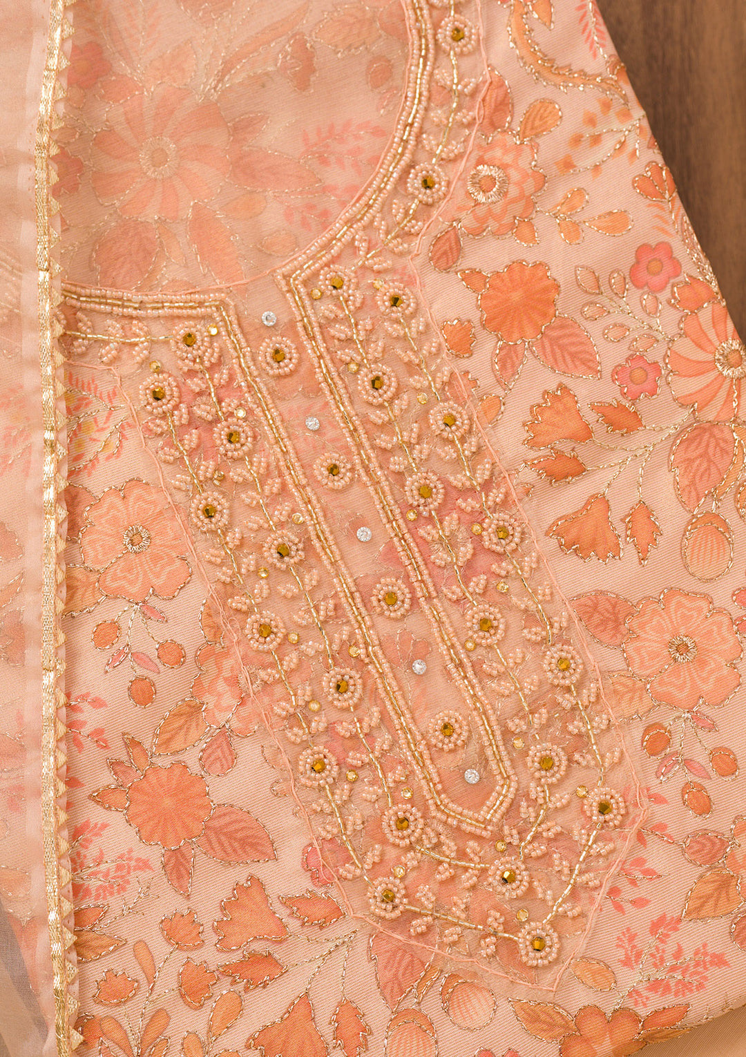 Peach Printed Tissue Unstitched Salwar Suit