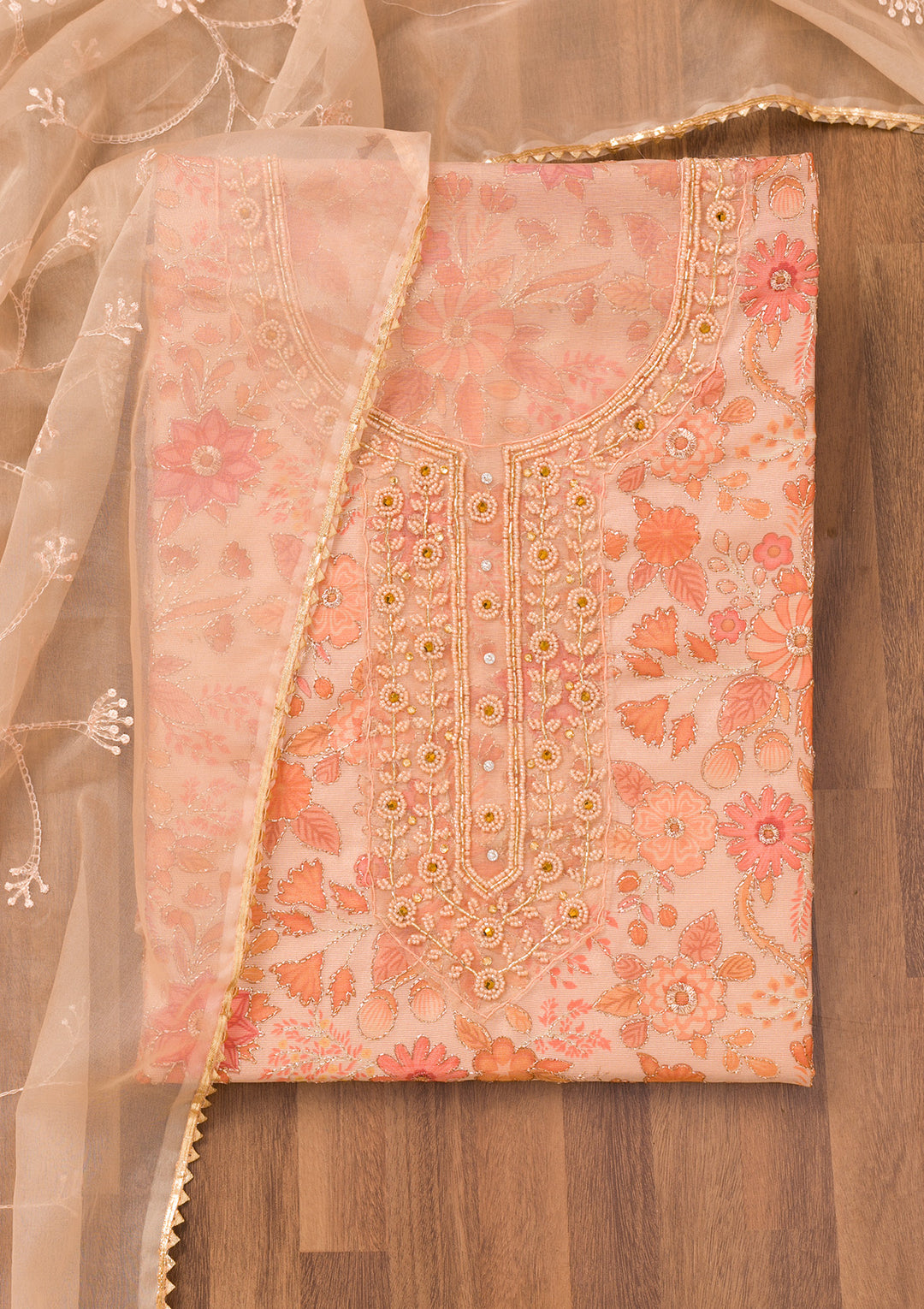 Peach Printed Tissue Unstitched Salwar Suit