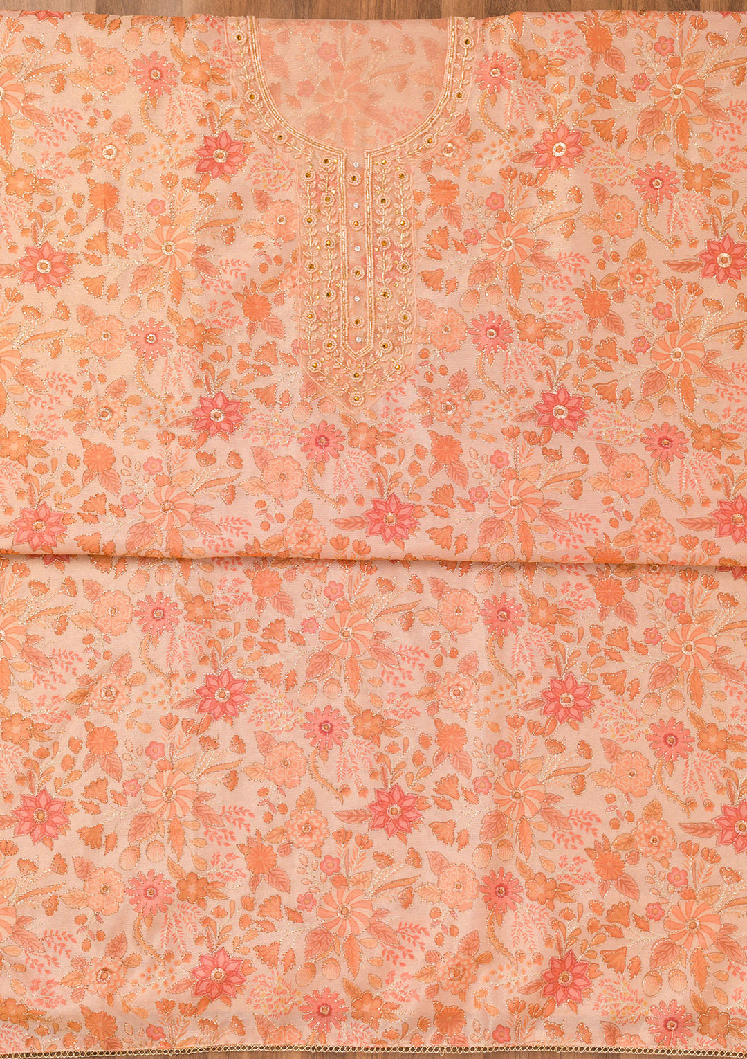 Peach Printed Tissue Unstitched Salwar Suit