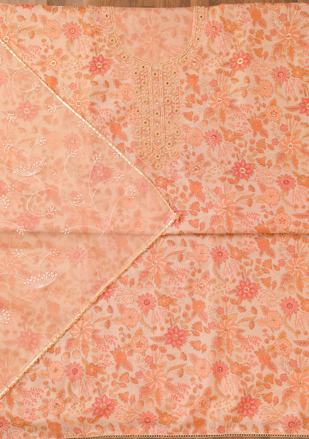 Peach Printed Tissue Unstitched Salwar Suit