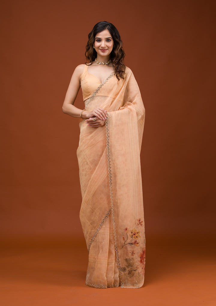 Peach Printed Tissue Saree