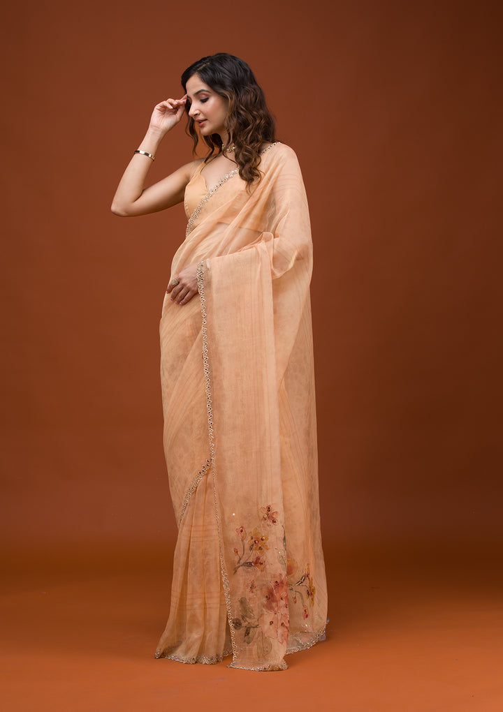 Peach Printed Tissue Saree