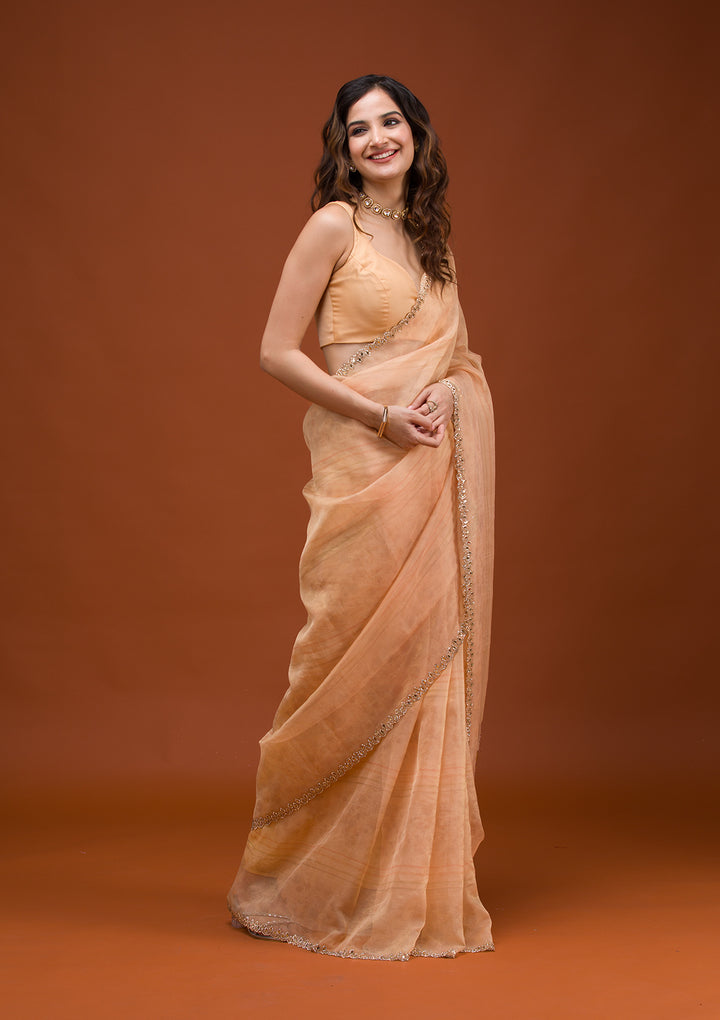 Peach Printed Tissue Saree