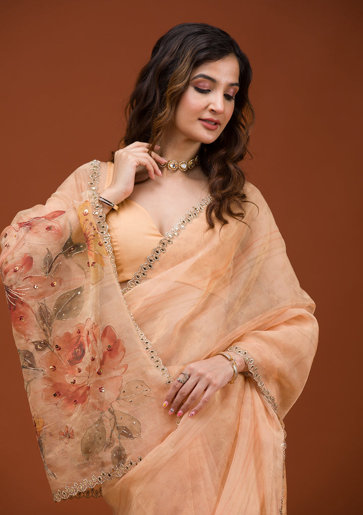 Peach Printed Tissue Saree