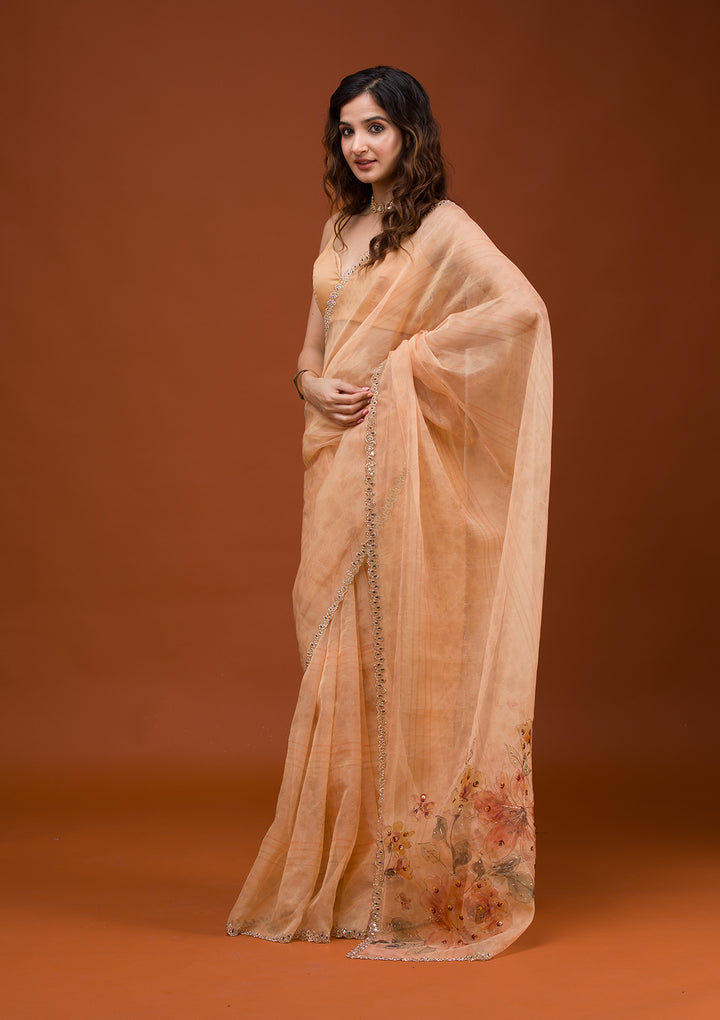 Peach Printed Tissue Saree