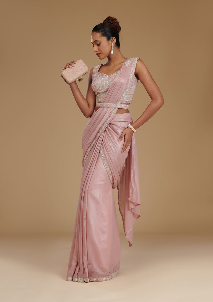 Peach Sequins Chiffon Readymade  Saree
