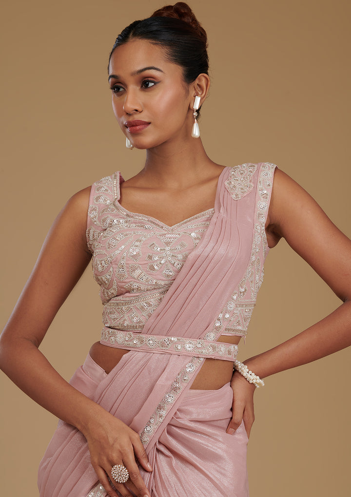 Peach Sequins Chiffon Readymade  Saree