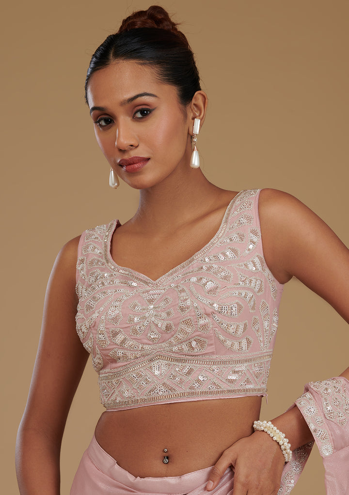 Peach Sequins Chiffon Readymade  Saree