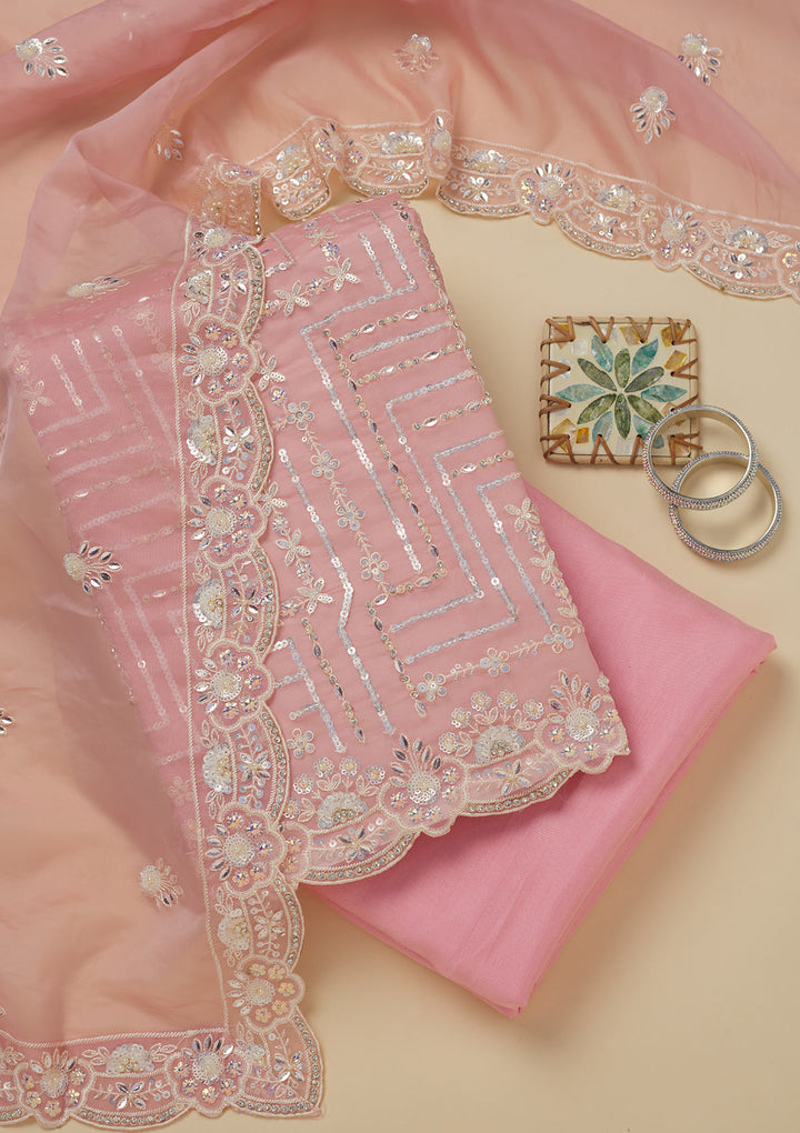 Peach Sequins Organza Unstitched Salwar Suit