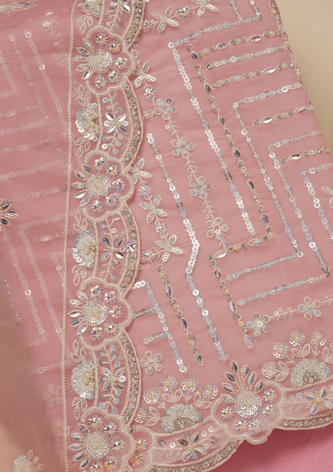 Peach Sequins Organza Unstitched Salwar Suit