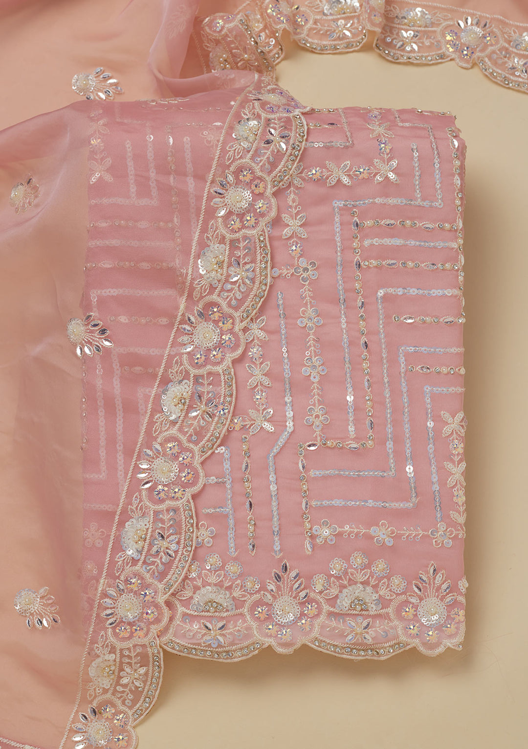 Peach Sequins Organza Unstitched Salwar Suit