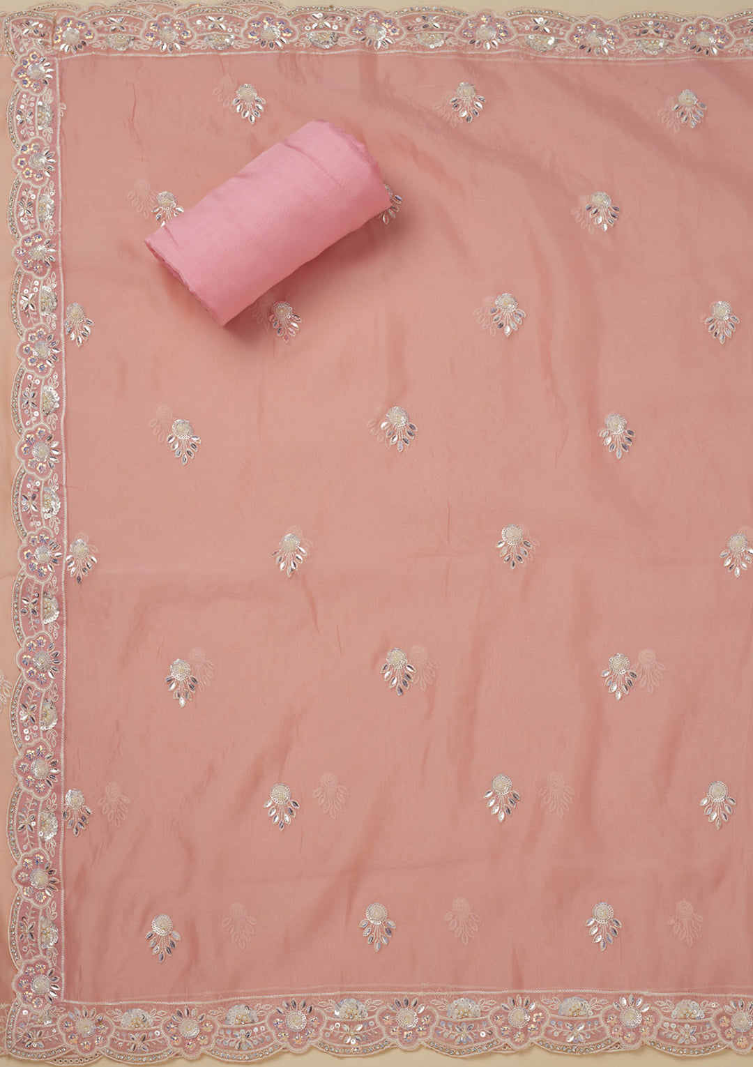 Peach Sequins Organza Unstitched Salwar Suit