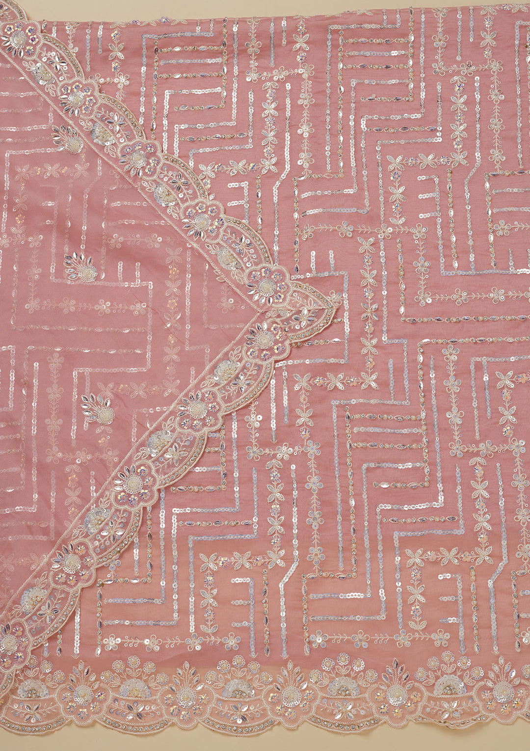 Peach Sequins Organza Unstitched Salwar Suit