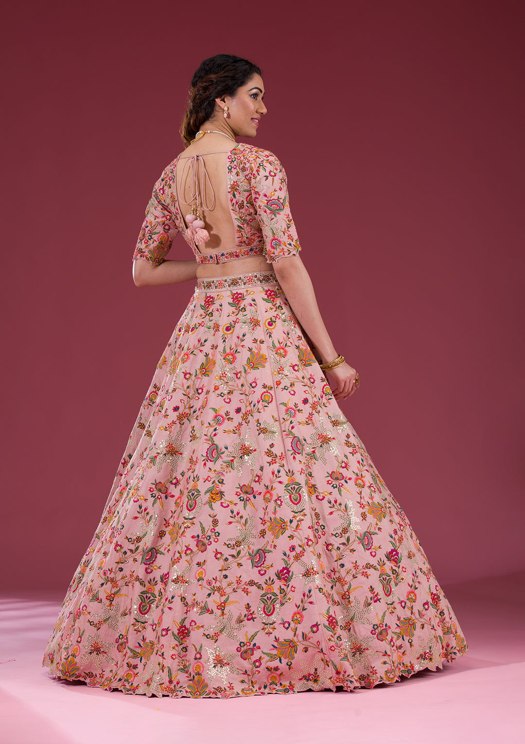 Peach Sequins Raw Silk Readymade Lehenga