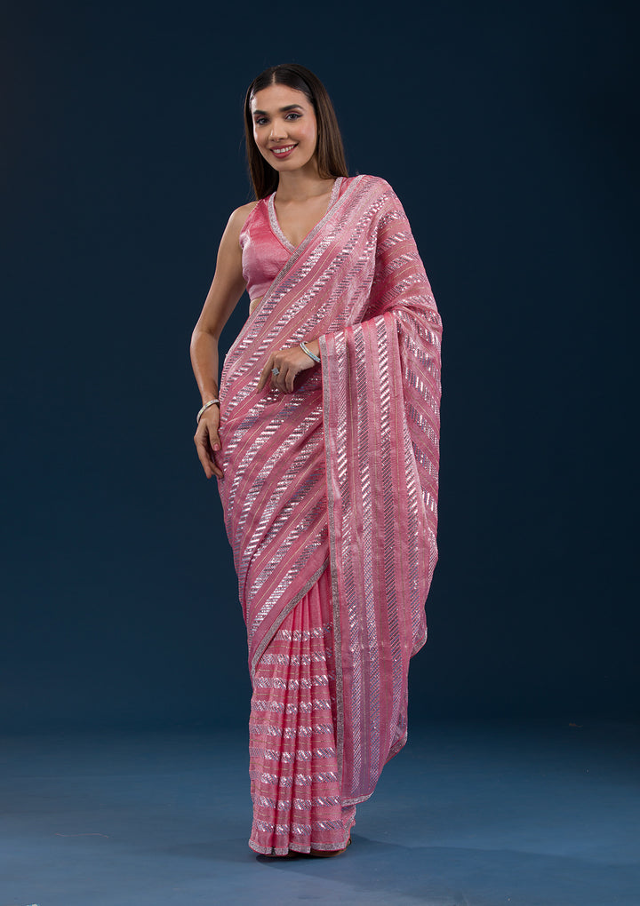 Peach Sequins Semi Crepe Saree