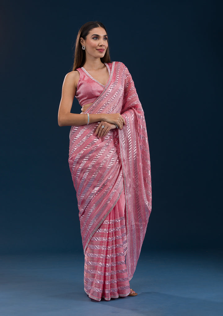 Peach Sequins Semi Crepe Saree