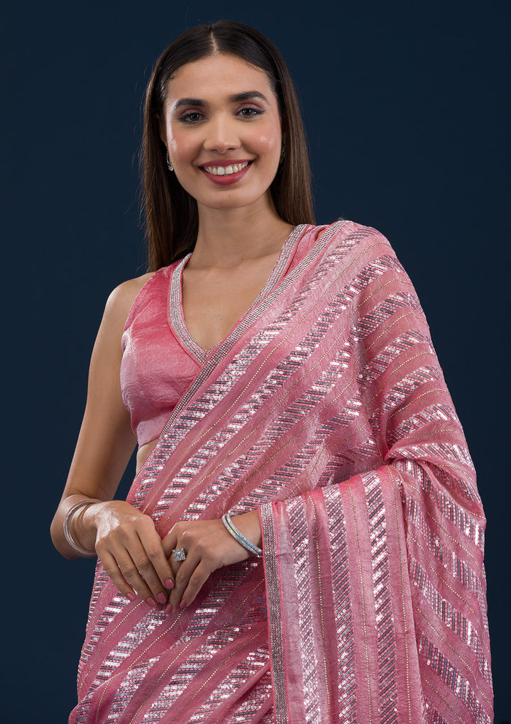 Peach Sequins Semi Crepe Saree