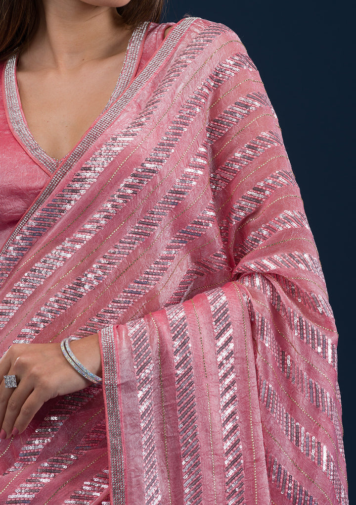Peach Sequins Semi Crepe Saree