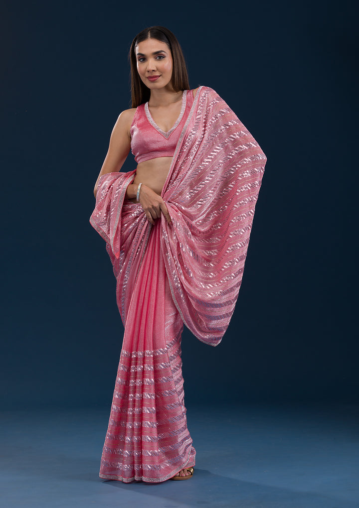 Peach Sequins Semi Crepe Saree