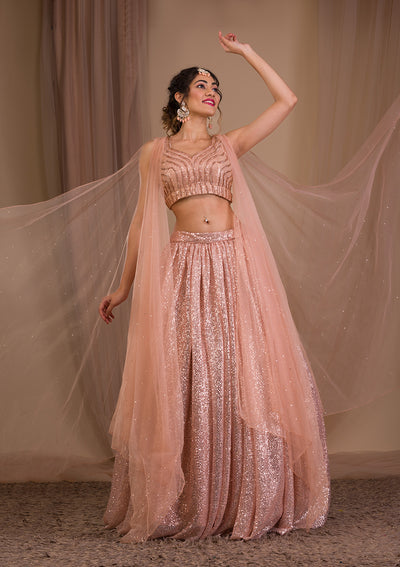 Peach Sequins Net Readymade Lehenga-Koskii