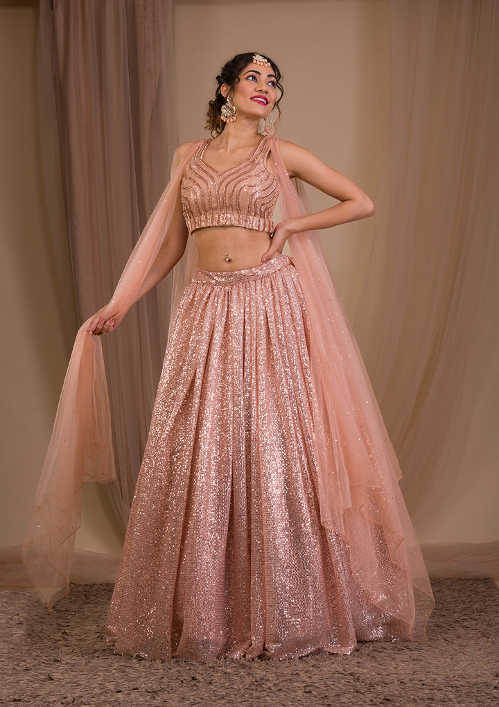 Peach Sequins Net Readymade Lehenga