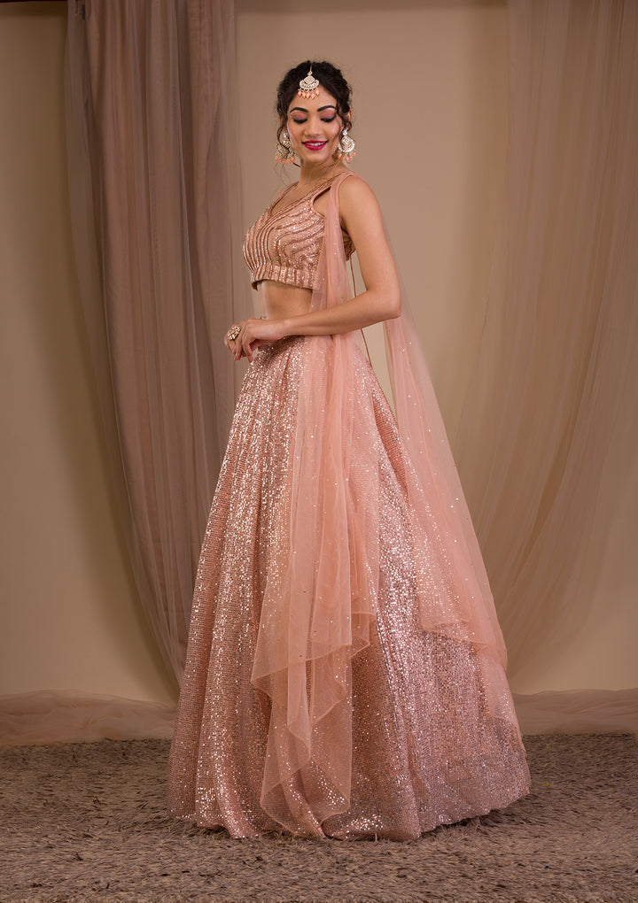 Peach Sequins Net Readymade Lehenga-Koskii