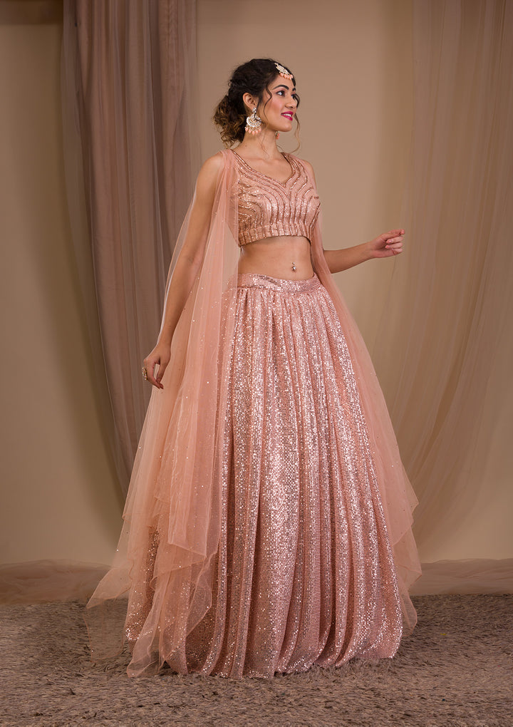 Peach Sequins Net Readymade Lehenga-Koskii