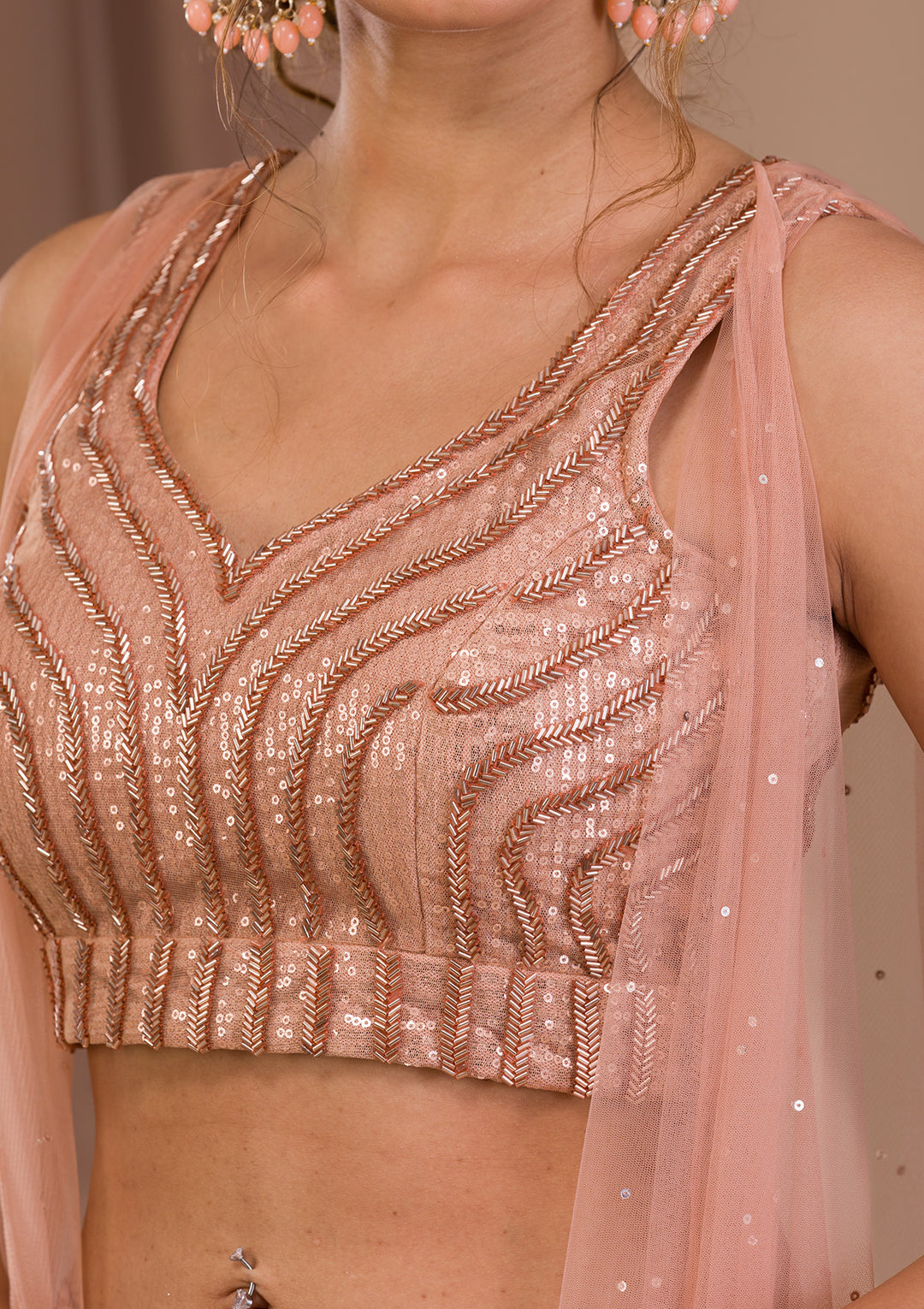 Peach Sequins Net Readymade Lehenga
