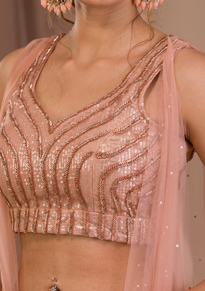Peach Sequins Net Readymade Lehenga