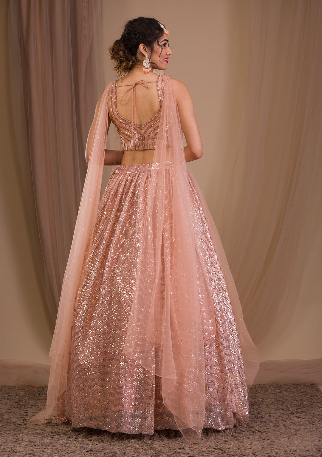 Peach Sequins Net Readymade Lehenga