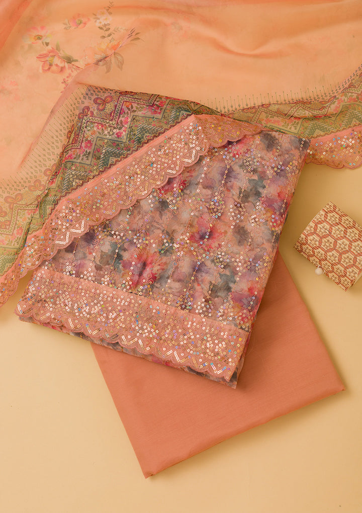 Peach Sequins Organza Unstitched Salwar Suit