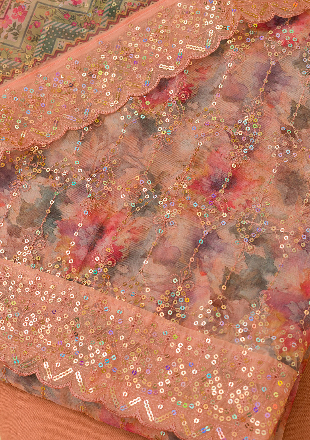 Peach Sequins Organza Unstitched Salwar Suit
