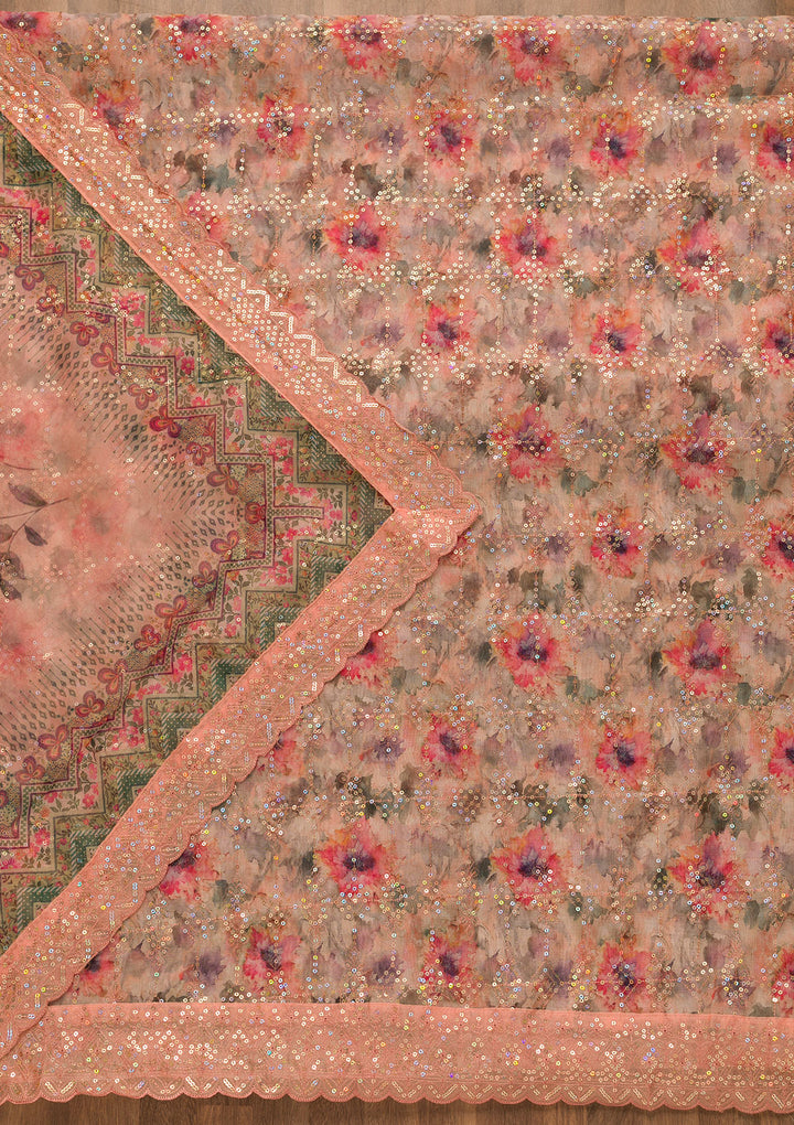 Peach Sequins Organza Unstitched Salwar Suit