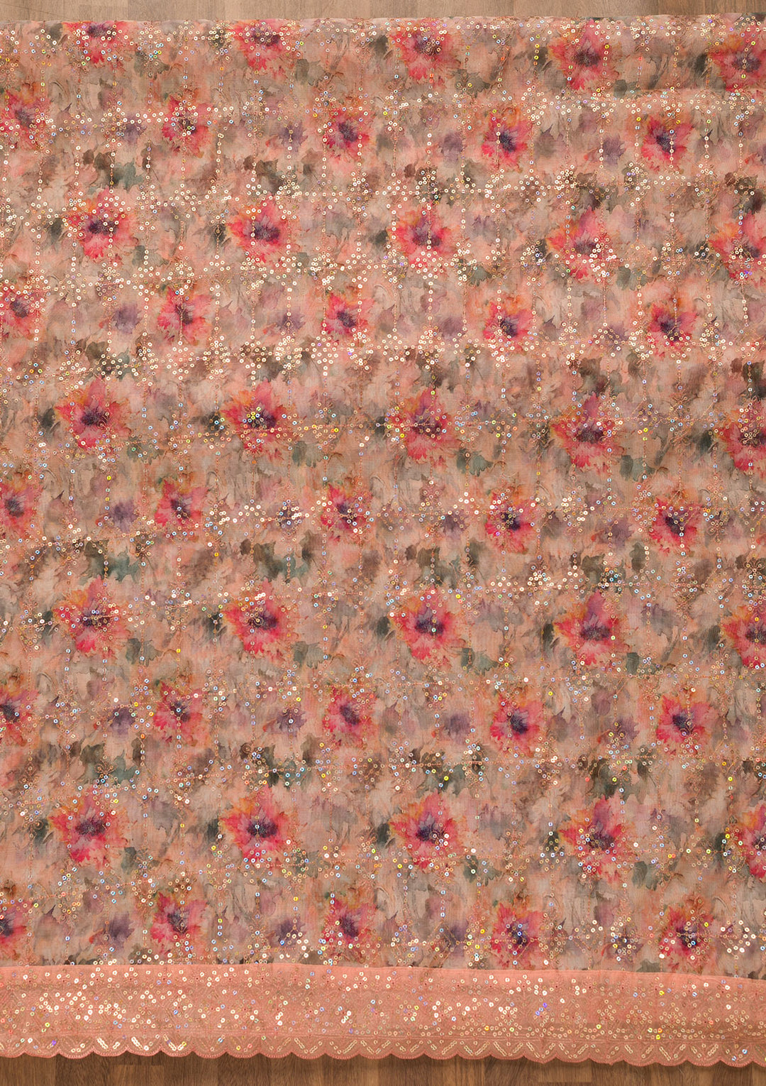 Peach Sequins Organza Unstitched Salwar Suit