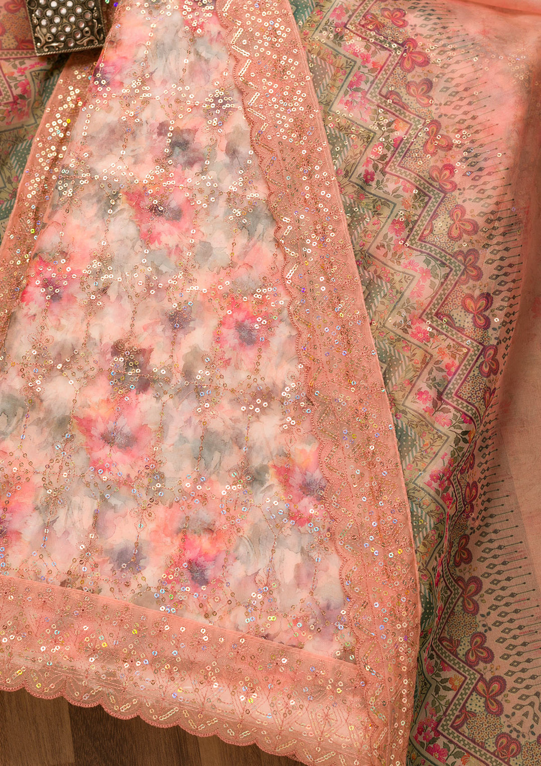 Peach Sequins Organza Unstitched Salwar Suit
