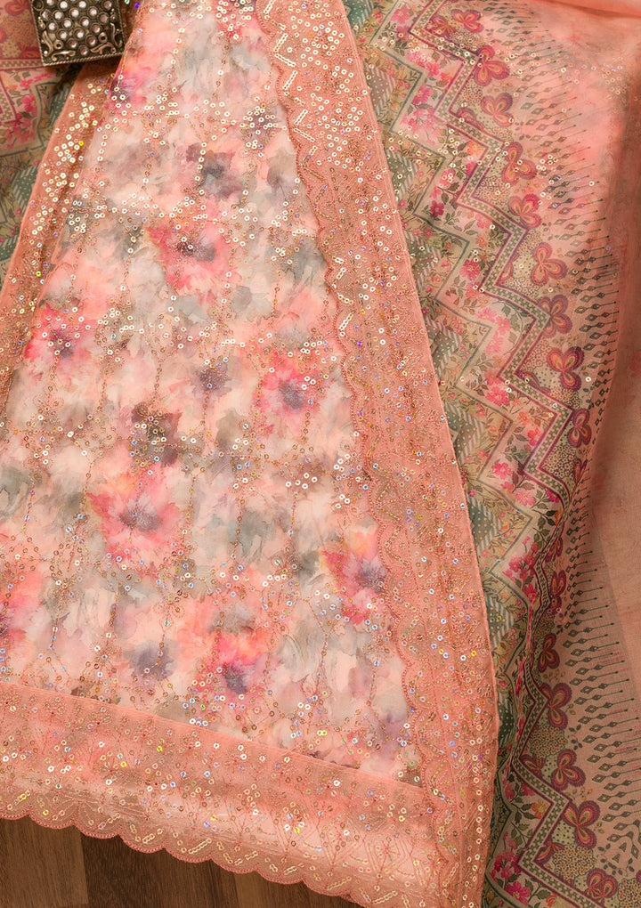 Peach Sequins Organza Unstitched Salwar Suit