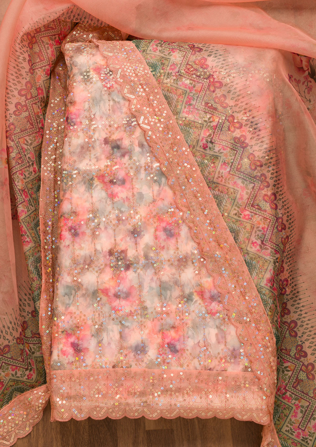 Peach Sequins Organza Unstitched Salwar Suit
