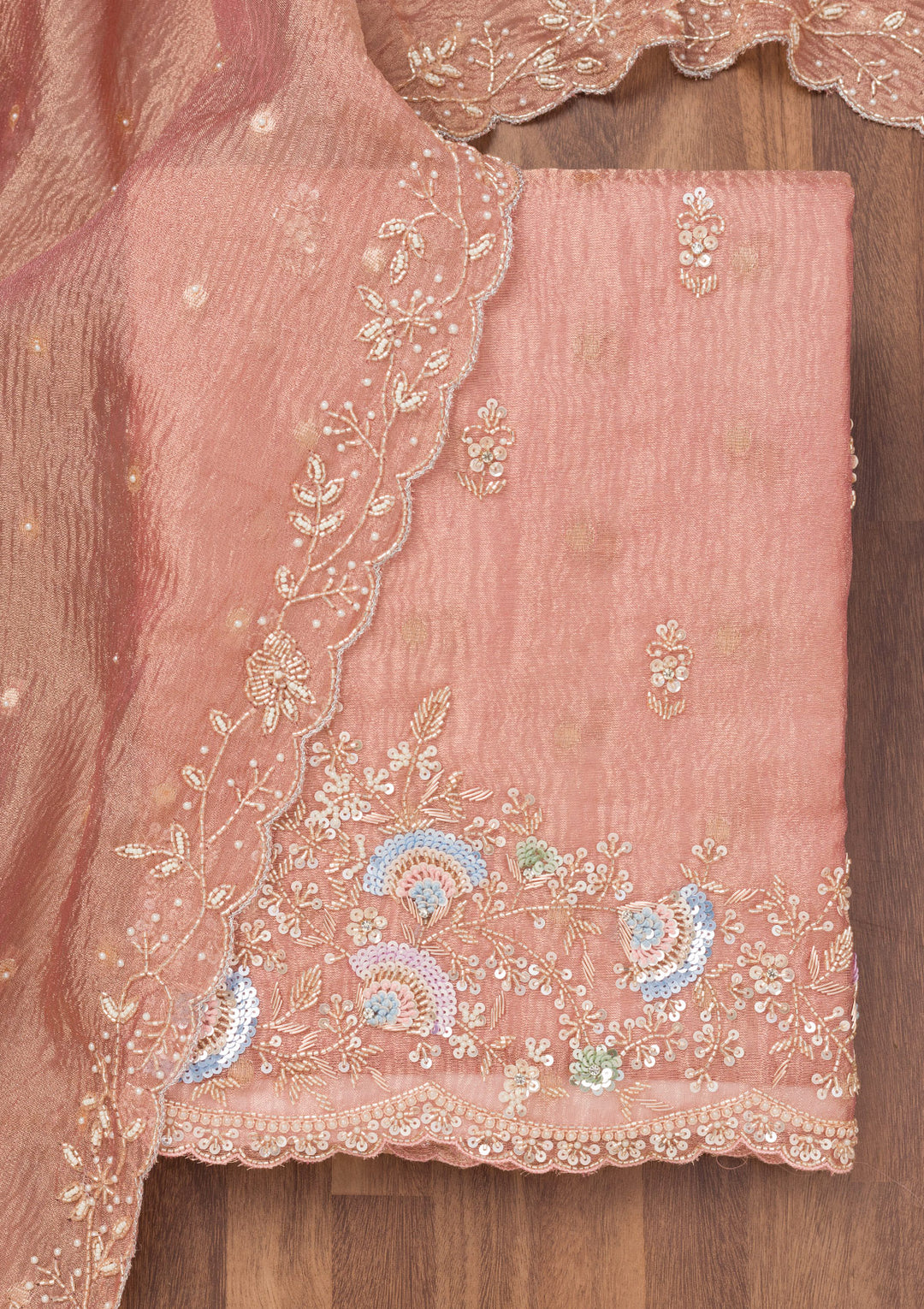 Peach Sequins Tissue Unstitched Salwar Suit