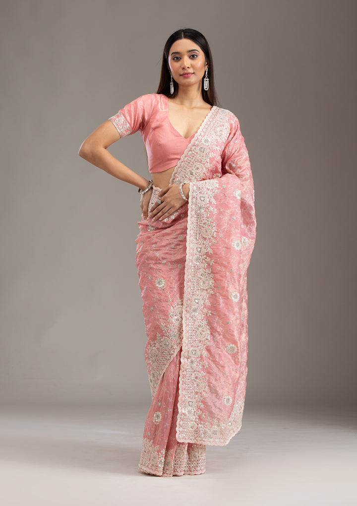 Peach Sequins Tissue Saree