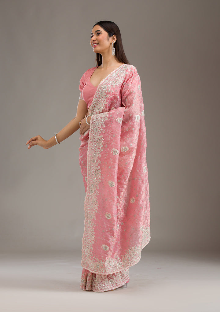 Peach Sequins Tissue Saree