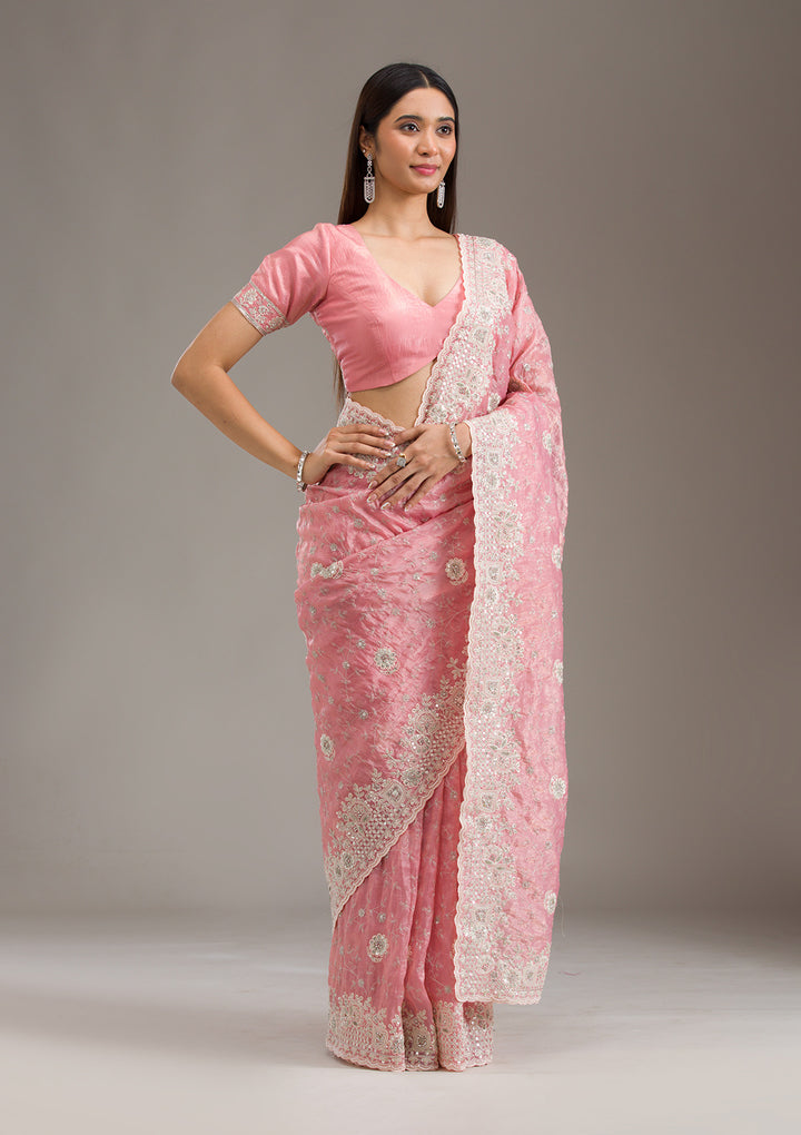 Peach Sequins Tissue Saree